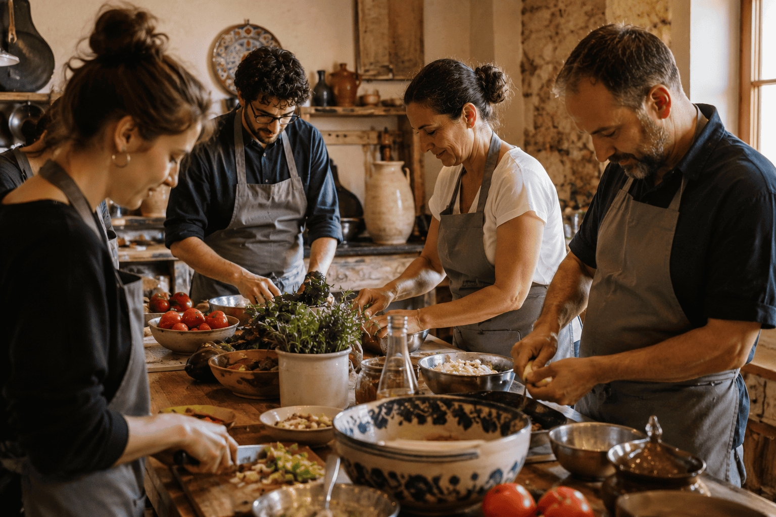 Guests cooking together at a cooking workshop