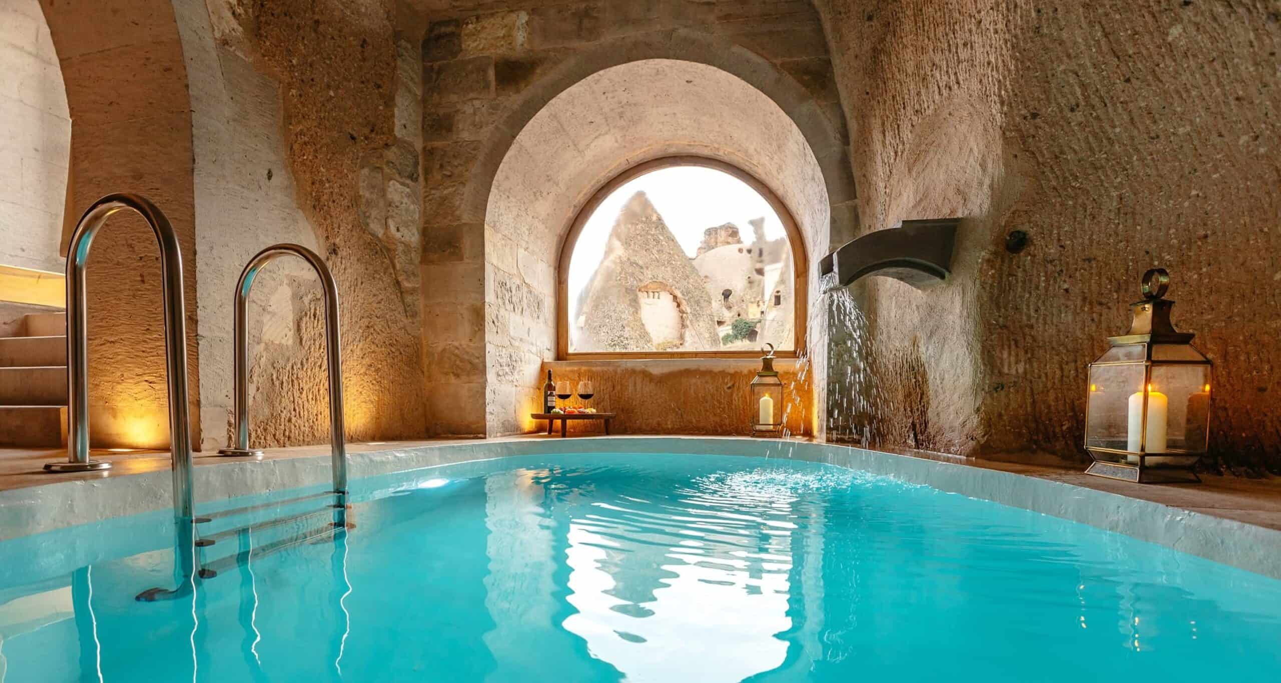 Indoor cave pool under a stone arch at Millstone Cave Suites
